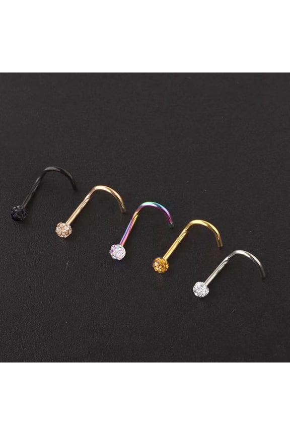 304 Stainless Steel Rhinestone Round Ball Fishtail Nose Rings Black 7mm Pin: 0.8mm Head: 3mm DIY