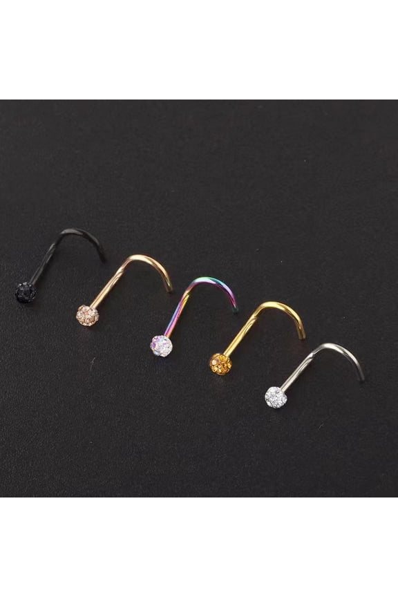 304 Stainless Steel Rhinestone Round Ball Fishtail Nose Rings Stainless Steel color 7mm Pin: 0.8mm Head: 3mm