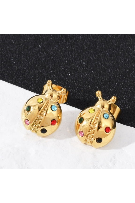 304 Stainless Steel Rhinestone Stud Earrings Ion Plating(IP) Ladybug Real 14K Gold Plated 13.5x10mm