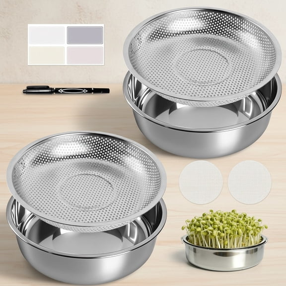 304 Stainless Steel Round Seed Sprouter Trays, 2-Tier Soil-Free Microgreens Growing Kit, Rust-Free Sprouting Tray with Cover Lids & Mesh Pads for Sprouts Beans Alfalfa Wheatgrass