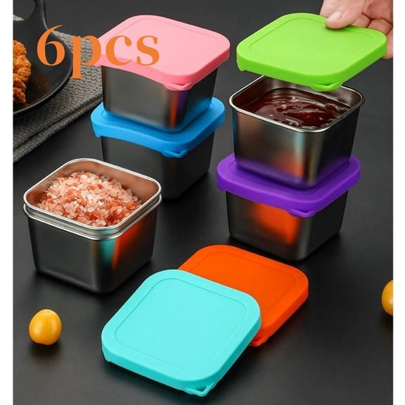 304 Stainless Steel Sauce Cups with Plastic Lids, 6-Piece Set for BBQ, Dining, and Condiment Serving, Individual Portion Cups, Size 2.09×2.09×3.15 Inches