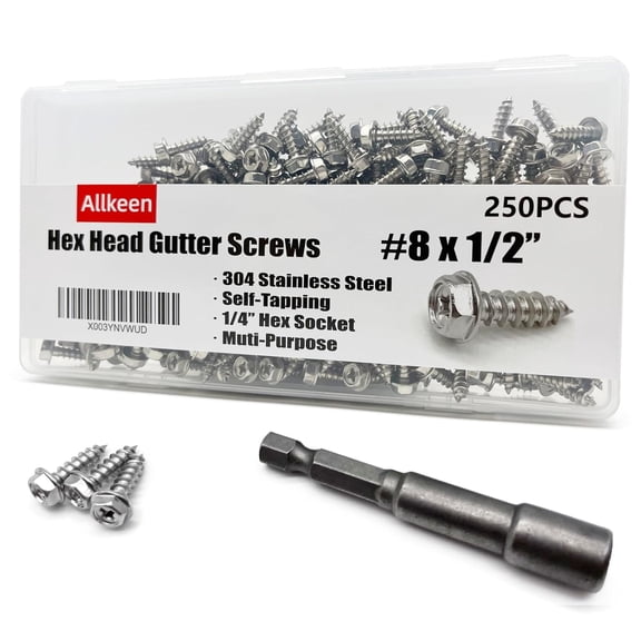 304 Stainless Steel Self Tapping Screws for Gutter Guard #8 x 1/2", 250 Pieces, Socket Bit Included