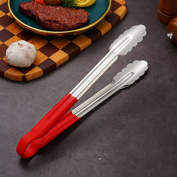 304 Stainless Steel Serving Tongs with Plastic Handle,Kitchen Grill Clip with Scalloped Gripping Edge and Red Non-slip Grip Coated Handle for Sandwich Barbecue Bread BBQ
