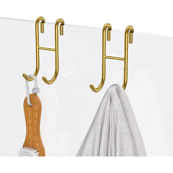 304 Stainless Steel Shower Door Hooks, Gold, 2 Pack Over Shower Glass Door Hook, Rack Hooks, Frameless, Bathroom Hanger, Drilling-Free, Glue-Free, Towel Hooks for 0.47inch Thickness Glass