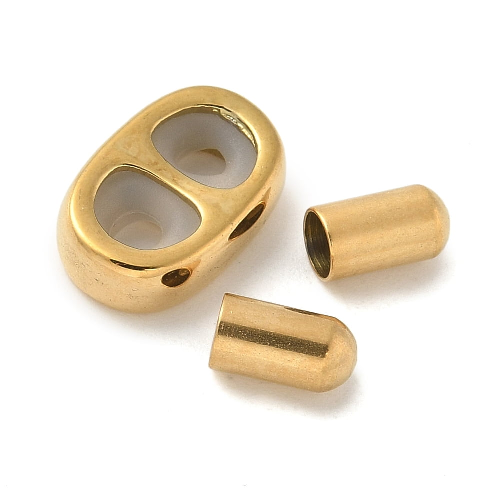 304 Stainless Steel Slider Beads and Cord End Caps with Rubber Inside Golden 12x8x3mm Rubber Hole: 3mm DIY