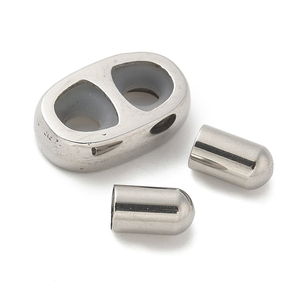 304 Stainless Steel Slider Beads and Cord End Caps with Rubber Inside Stainless Steel Color 12x8x3mm Rubber Hole: 3mm