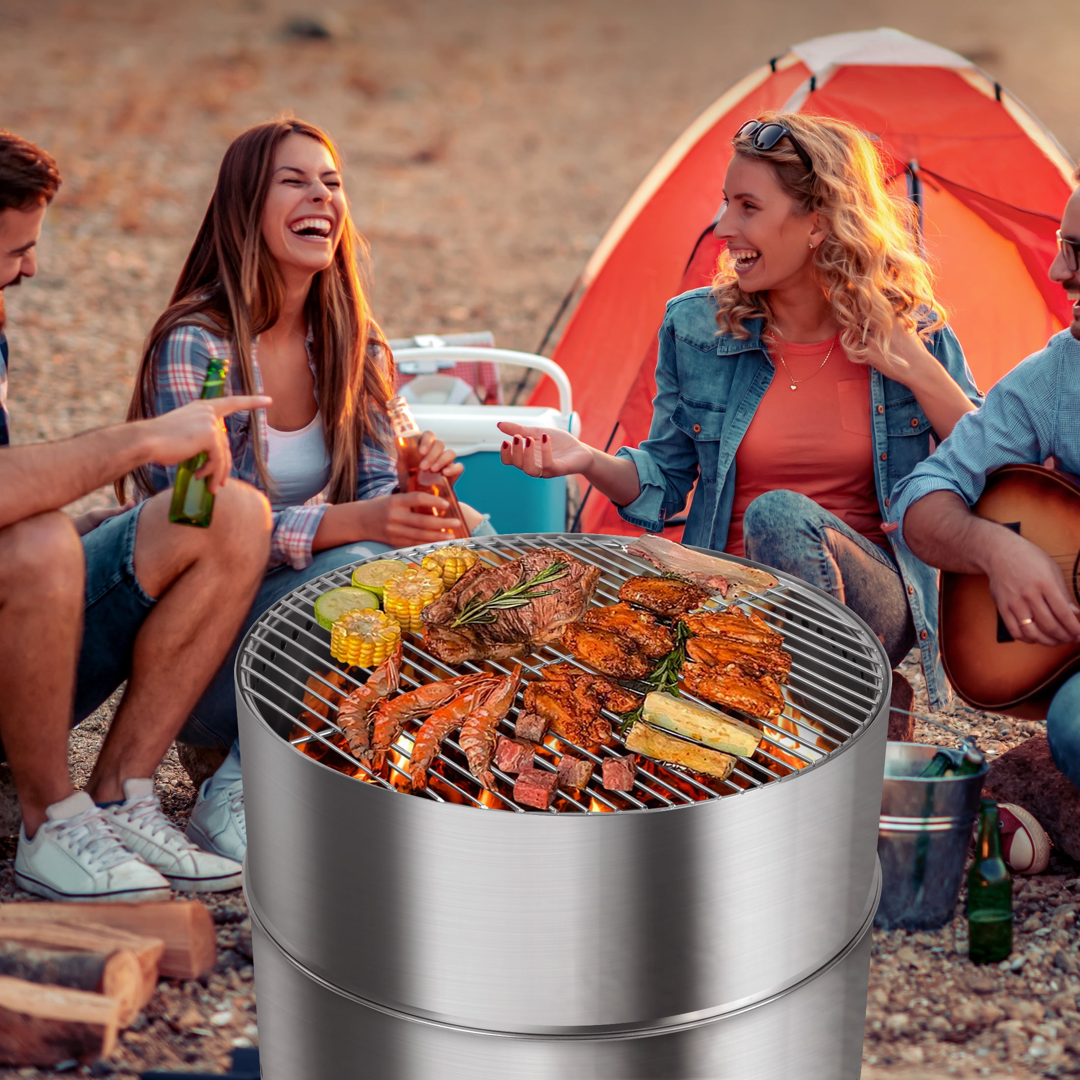 304 Stainless Steel Smokeless Fire Pits with Steel Grill Rack for BBQ ...