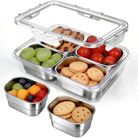 304 Stainless Steel Snack Container Set with BPA-Free Snap-on Lids, Leakproof Divided Lunch Box for Fruits Nuts Spices, Portable Food Storage Box for Office Picnic Travel, Easy to Clean