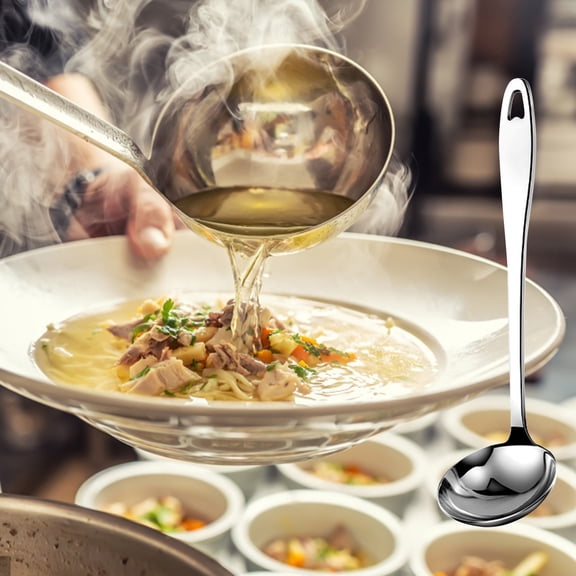304 Stainless Steel Soup Ladle, 9.6 Inch Small Cooking Spoon with Vacuum Ergonomic Handle, Rustproof Integral Forming Soup Ladle for Kitchen and Restaurant, Dishwasher Safe, Silver, 1 Count