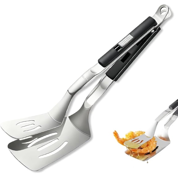 304 Stainless Steel Spatula Tongs for BBQ, 11.8 Inch Slotted Steak Flipper & Turner