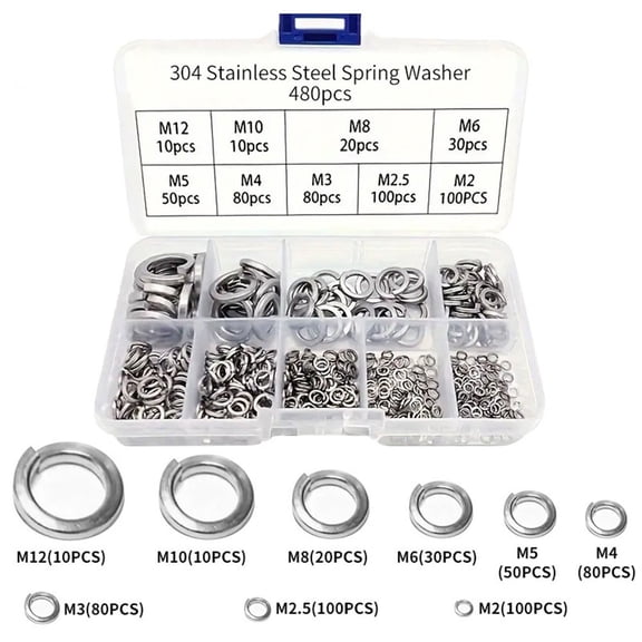 304 Stainless Steel Spring Washers 480pcs Assorted Sizes for Hardware Use