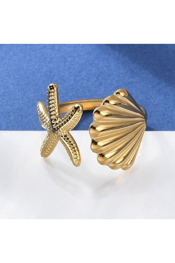 304 Stainless Steel Starfish & Shell Open Cuff Rings for Women Real 18K golden Plated Inner Diameter: 18mm