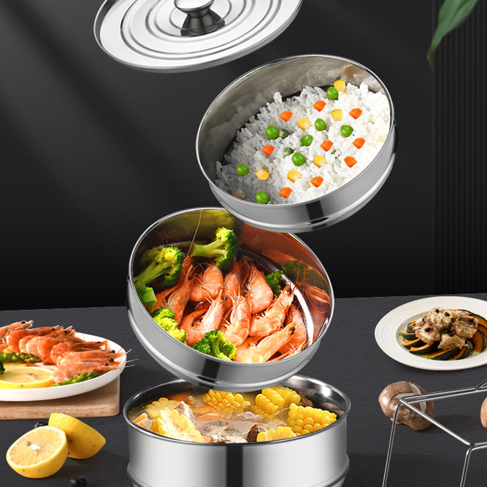 304 Stainless Steel Steam Pot With Lid, 2 Tier Stackable Multifunctional Steaming Pot Cookware