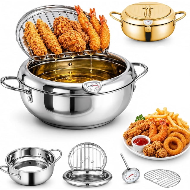 304 Stainless Steel Stovetop Deep Fryer Pot With Thermometer, Tempura ...