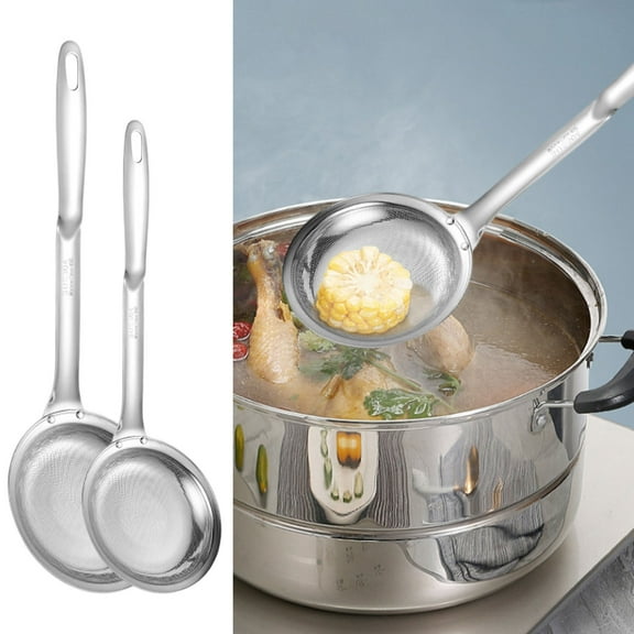 304 Stainless Steel Strainer Spoon, Extra Fine Mesh Skimmer, Grease Foam Filter Spoon, Kitchen Draining Tool, Double-Size Sieve Ladle