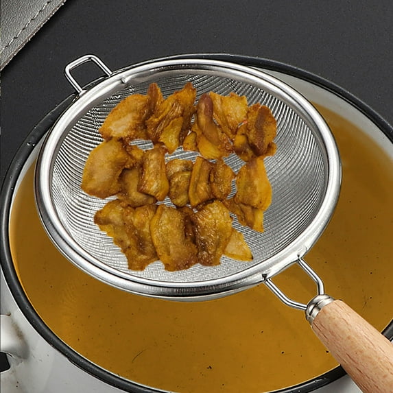 304 Stainless Steel Strainer with Wooden Handle - 7.5in Fine Mesh Kitchen Oil Filter for Frying Vegetables Meat - Dishwasher Safe Strainer Tool(B)