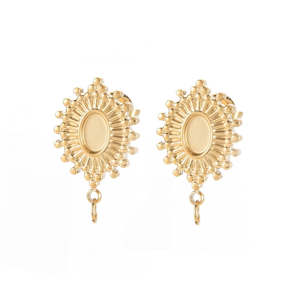 304 Stainless Steel Stud Earring Findings Earring Setting for Enamel with Ear Nuts and Loops Oval Real 14K golden Plated 20x14mm Hole: 2.5mm Pin: 0.7mm Tray: 4x6mm