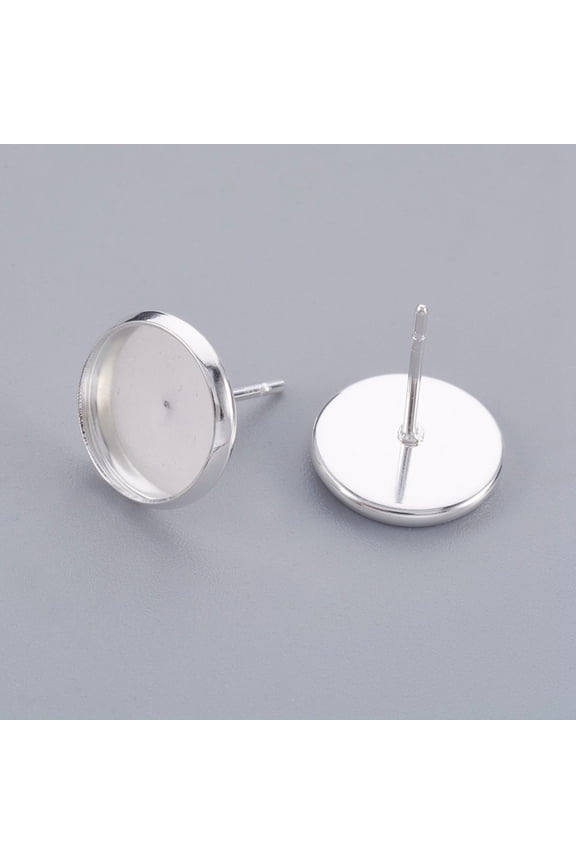 304 Stainless Steel Stud Earring Findings Flat Round Silver Color Plated Tray: 10mm 12x2mm Pin: 0.8mm DIY