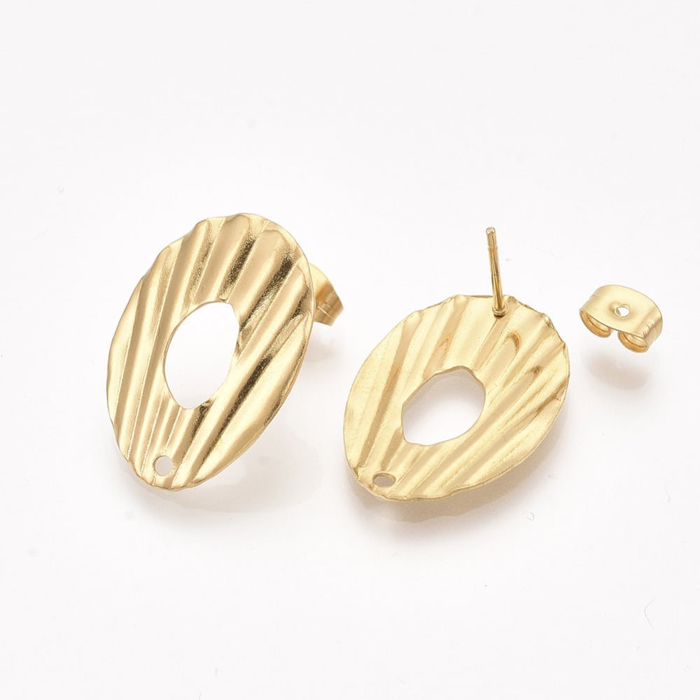 304 Stainless Steel Stud Earring Findings with Ear Nuts/Earring Backs Oval Golden 23x16.5mm Hole: 1.5mm Pin: 0.7mm DIY