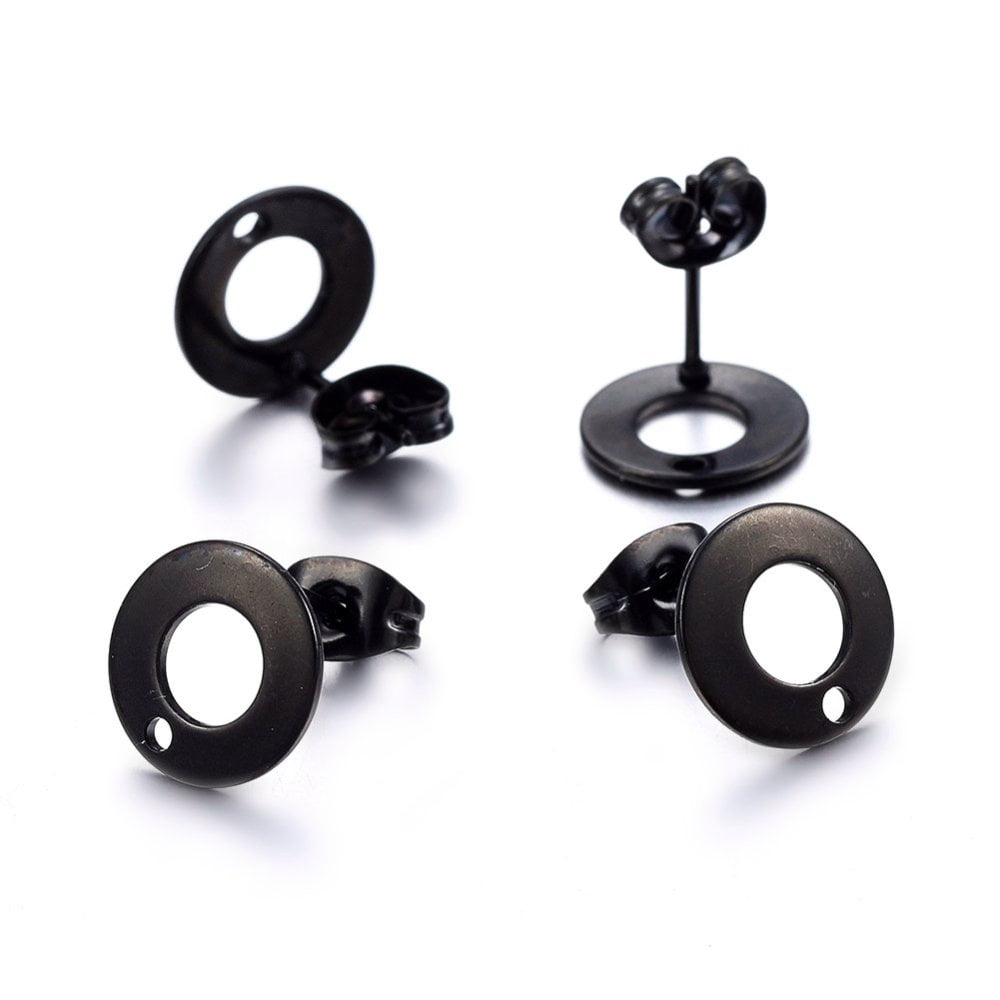304 Stainless Steel Stud Earring Findings with Loop & Earring Backs Flat Round Electrophoresis Black 10x1mm Hole: 1.5mm Pin: 0.8mm