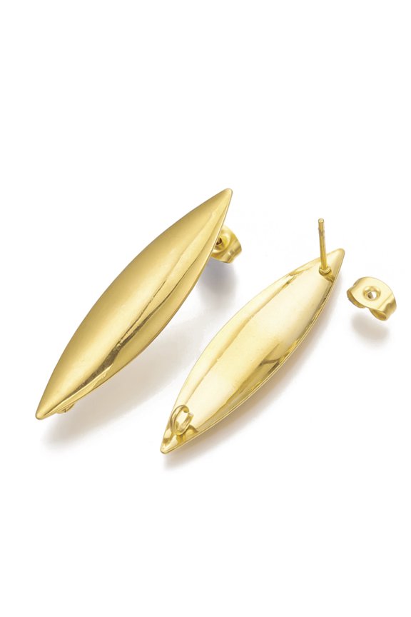 304 Stainless Steel Stud Earring Findings with Loop Horse Eye Golden 39x9.5mm Hole: 2mm Pin: 0.8mm