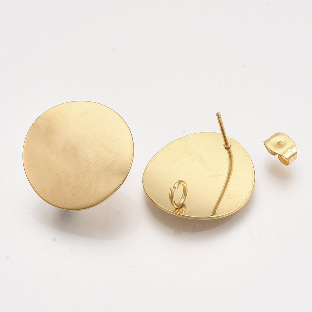 304 Stainless Steel Stud Earring Findings with Loop and Ear Nuts/Earring Backs Flat Round Golden 20mm Hole: 3mm Pin: 0.7mm