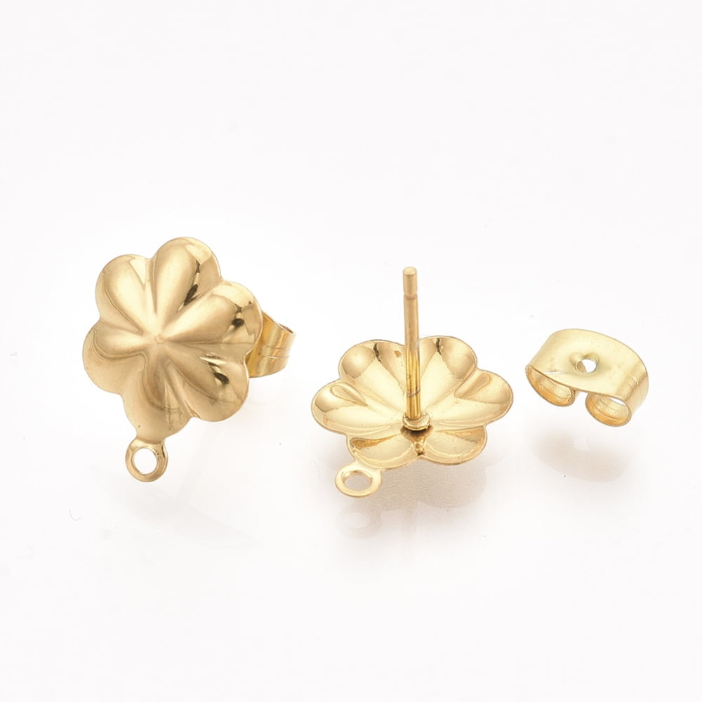 304 Stainless Steel Stud Earring Findings with Loop and Ear Nuts/Earring Backs Flower Golden 13.5x10mm Hole: 1mm Pin: 0.7mm 100pc