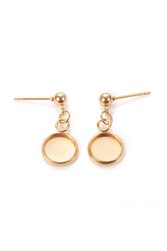 304 Stainless Steel Stud Earring Settings Golden 21mm Pin: 0.9mm Tray: 8mm
