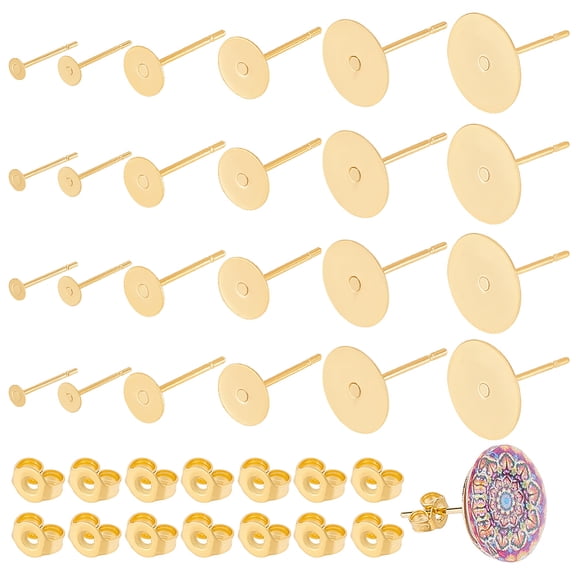 304 Stainless Steel Stud Earring Settings with Ear Nuts/Earring Backs Bead Container Flat Round Golden 7.4x7.2x1.7cm 120pcs/box