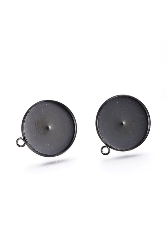 304 Stainless Steel Stud Earring Settings with Loop Flat Round Electrophoresis Black Tray: 16mm 21x18x2mm Hole: 1.8mm Pin: 0.8mm
