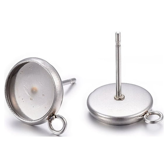 304 Stainless Steel Stud Earring Settings with Loop Flat Round Stainless Steel color Tray: 6mm 11x8x1.5mm Hole: 1.8mm Pin: 0.8mm