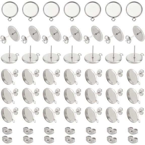 304 Stainless Steel Stud Earring Settings with Loop and Ear Nuts Flat Round Stainless Steel Color
