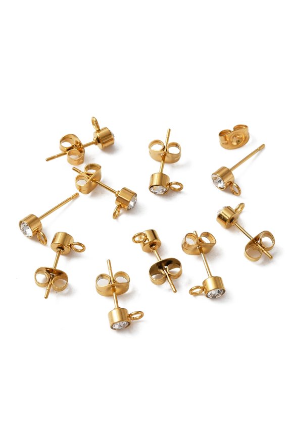 304 Stainless Steel Stud Earrings Findings with Horizontal Loop and Crystal Rhinestone Column Golden 7x4mm Hole: 1.8mm Pin: 0.7mm