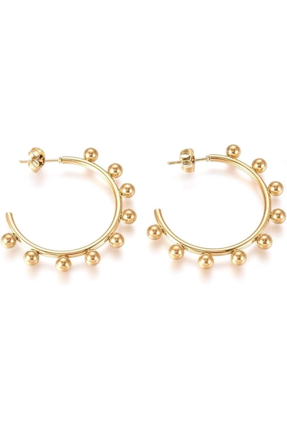 304 Stainless Steel Stud Earrings Half Hoop Earrings Hypoallergenic Earrings with Round Beads and Earring Backs Golden 37x37.8x4mm pin: 0.7mm