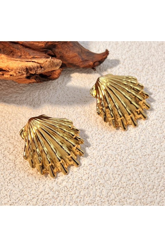 304 Stainless Steel Stud Earrings Shell Shape Golden 30x27mm for DIY