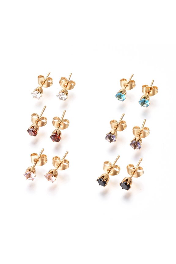 304 Stainless Steel Stud Earrings with Rhinestone and Ear Nuts/Earring Back Flat Round Mixed Color Golden 15.5x6.5mm Pin: 0.7mm 12pairs/card