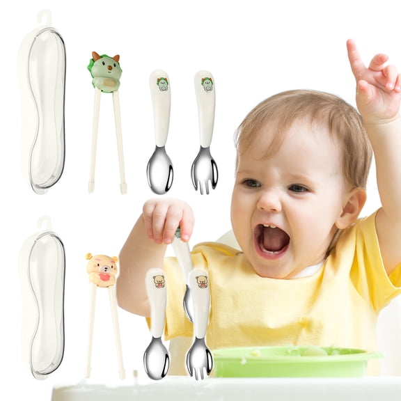 304 Stainless Steel Tableware Set | Food Utensil Training Chopsticks Spoon Fork | Ergonomic Handle | Lightweight | Dishwasher-Safe | With Storage Box | 4 Piece