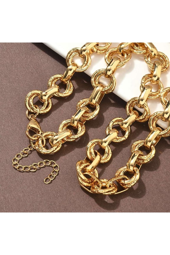 304 Stainless Steel Textured Double Ring Link Chain Necklaces Ion Plating(IP) Golden 17.72 inch(45cm) 304 Stainless Steel