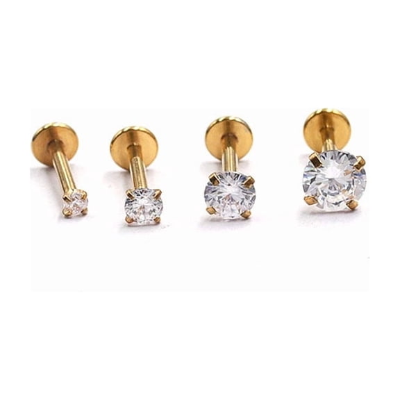 304 Stainless Steel Threadless Labrets with Clear Cubic Zirconia Stainless Steel Color Round 3x3mm Pole: 6mm for DIY