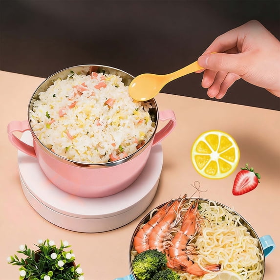 304 Stainless Steel Toddler Bowl with Double Layer Heat Insulation, Cartoon Design, Lid and Handles - Feeding Tableware(1400ml)