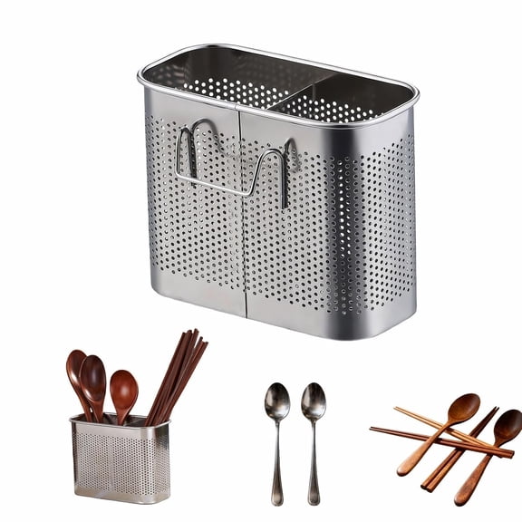304 Stainless Steel Utensil Drainer, 2-Tier Silverware Drying Rack with Hooks, Anti-Rust Kitchen Sink Organizer & Cutlery Holder for Dishwasher, Countertop Space-Saving Storage, Brushed Finish