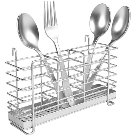 304 Stainless Steel Utensil Drying Rack with Hooks & 3 Divided Compartments, Silverware Drying Basket, Spoon and Fork Organizer, Rustproof Kitchen Drainage Basket Accessories, Silver, 2x8.7x5