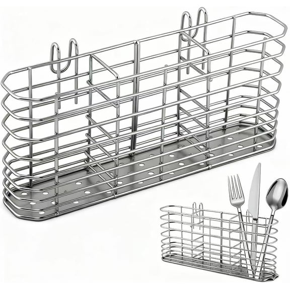 304 Stainless Steel Utensil Holder, Dish Drying Rack with Hooks, Utensil Holder for Sink, Knife and Fork Drainer Basket, Kitchen Drainage Basket Accessories(Sliver,Size:7.9inch)