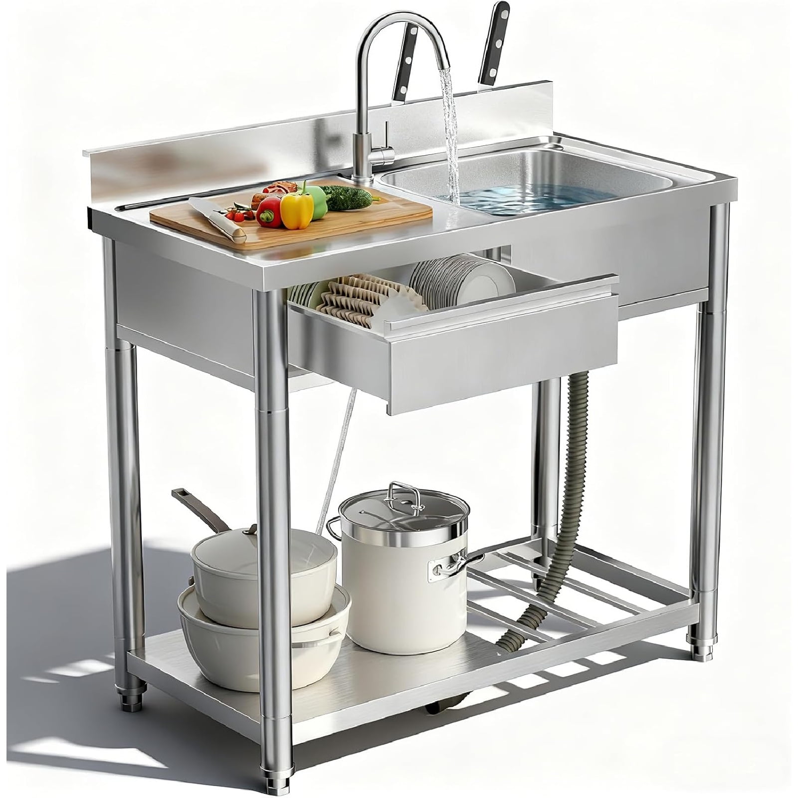 304 Stainless Steel Utility Sink, 39" Free Standing Single Bowl Restaurant Outdoor Kitchen Sink with Workbench, Knife Rack, Drawer, Storage Shelf & 360° Hot and Cold Faucet for Kitchen, Laundry Room