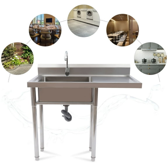 304 Stainless Steel Utility Sink with Drainboard, One Compartment Workbench Sink Commercial Sink for Restaurant, Laundry Room, Backyard, Garages