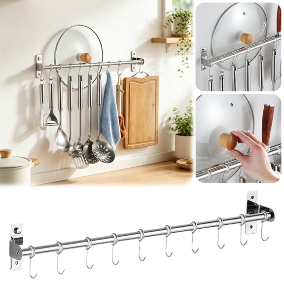 304 Stainless Steel Wall Mounted Pot Rack, Non-Drilled Kitchen Utensil Hanging Rack with Sliding Hooks, Space-Saving Dish and Pan Organizer (30cm)