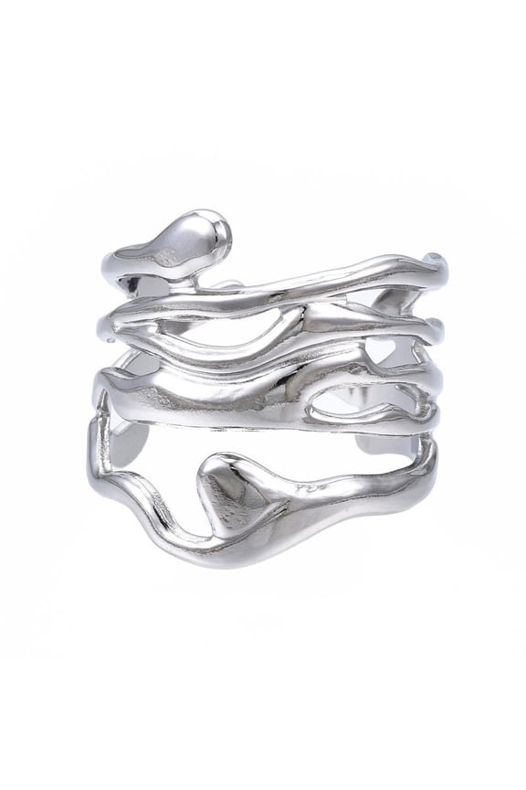 304 Stainless Steel Wave Open Cuff Ring Chunky Hollow Ring for Women Stainless Steel color US Size 7(17.3mm)