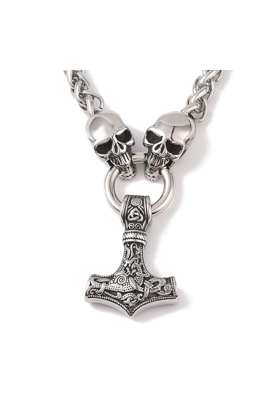 304 Stainless Steel Wheat Chain Mjolnir Thor Hammer Pendant Necklaces for Men Silver 24.25 inch(61.6cm)