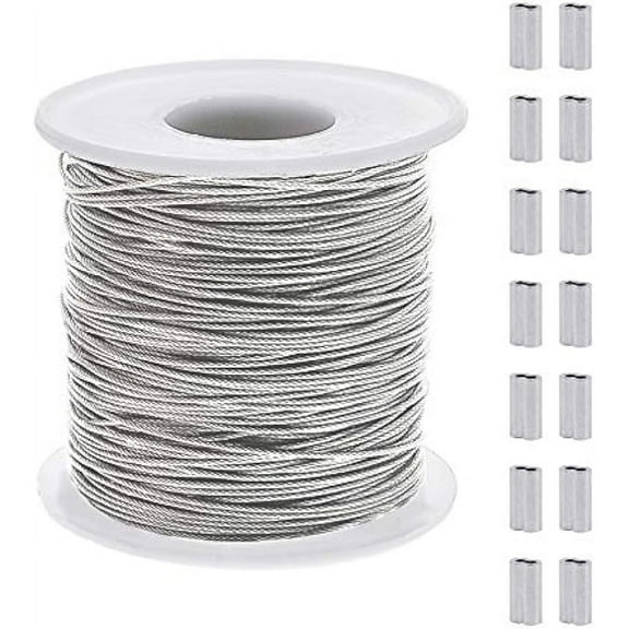 304 Stainless Steel Wire Cable 393 Ft Length 1/32 Wire Rope with 50 Pcs Rectangle Aluminum Crimping Sleeves for Party Decro String Clothesline Easy to Hang