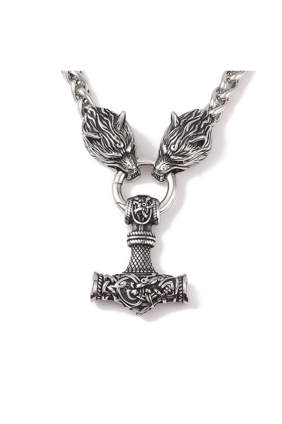 304 Stainless Steel Wolf Head King Wheat Chain Viking Mjolnir Thor Hammer Pendant Necklaces for Men Antique Silver 23.39 inch(59.4cm)